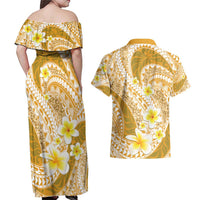 Plumeria Polynesian Gold Glitter Pattern Couples Matching Off Shoulder Maxi Dress and Hawaiian Shirt LT01 - Polynesian Pride