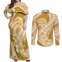 Plumeria Polynesian Gold Glitter Pattern Couples Matching Off Shoulder Maxi Dress and Long Sleeve Button Shirt LT01 Gold - Polynesian Pride