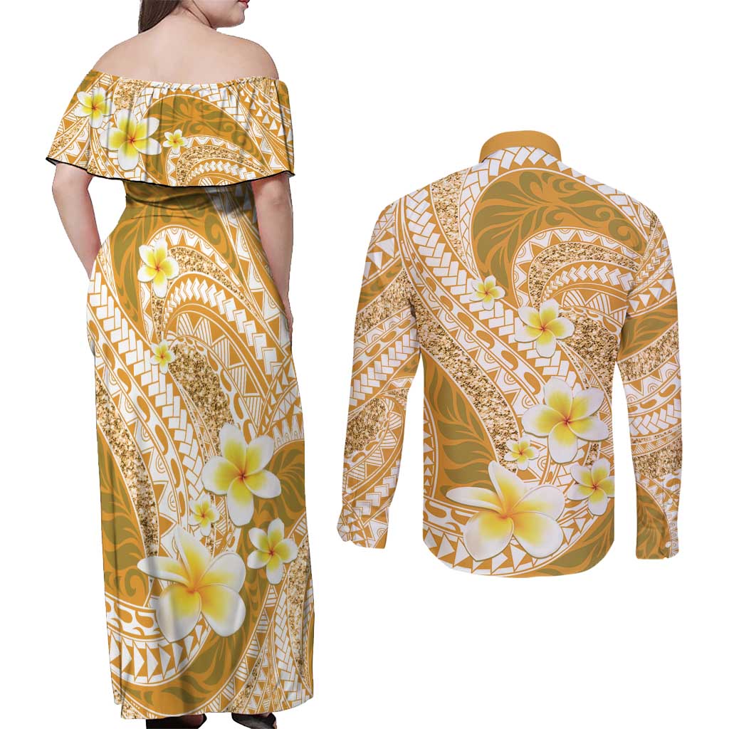 Plumeria Polynesian Gold Glitter Pattern Couples Matching Off Shoulder Maxi Dress and Long Sleeve Button Shirt LT01 - Polynesian Pride