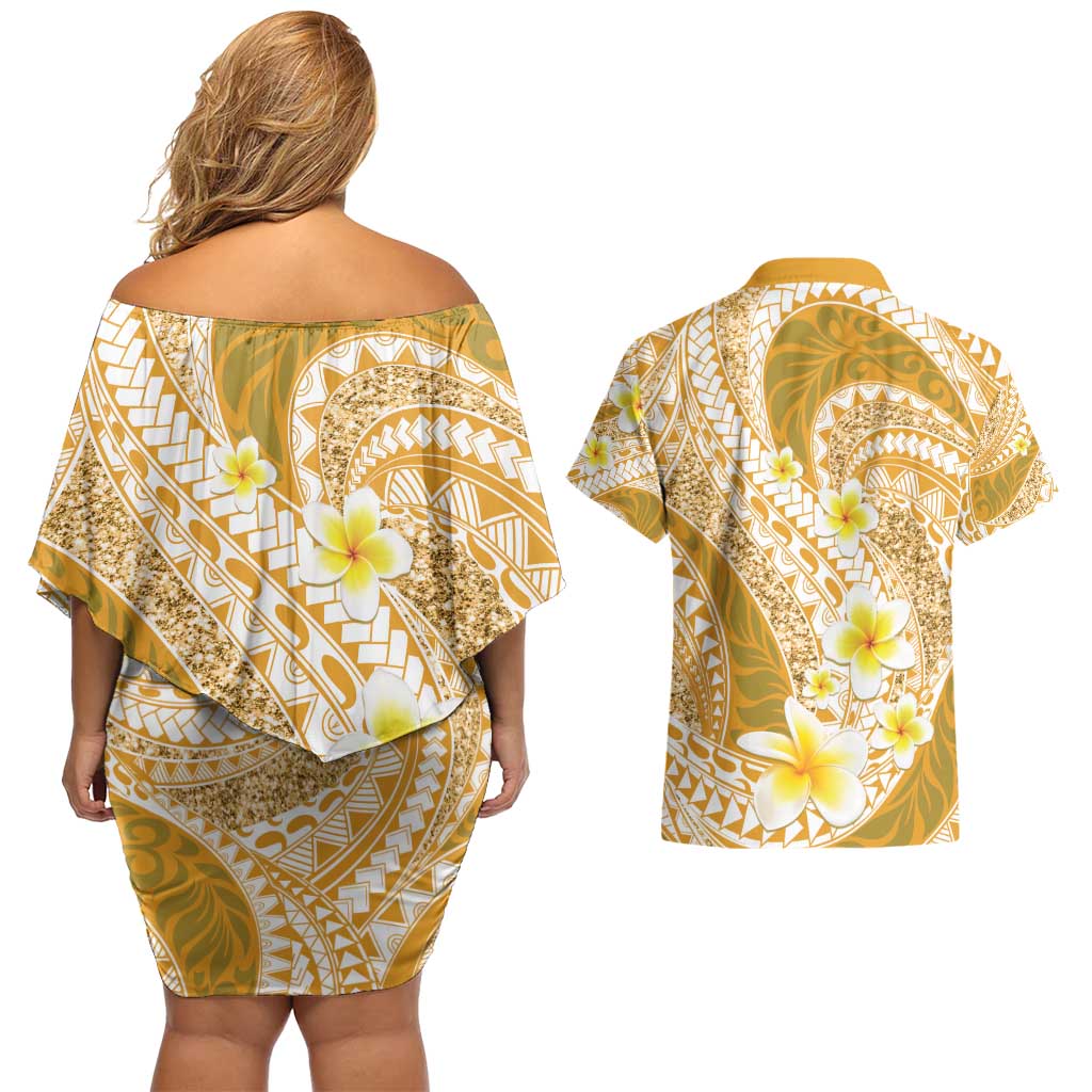 Plumeria Polynesian Gold Glitter Pattern Couples Matching Off Shoulder Short Dress and Hawaiian Shirt LT01 - Polynesian Pride