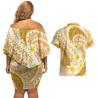 Plumeria Polynesian Gold Glitter Pattern Couples Matching Off Shoulder Short Dress and Hawaiian Shirt LT01 - Polynesian Pride