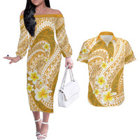 Plumeria Polynesian Gold Glitter Pattern Couples Matching Off The Shoulder Long Sleeve Dress and Hawaiian Shirt LT01 Gold - Polynesian Pride