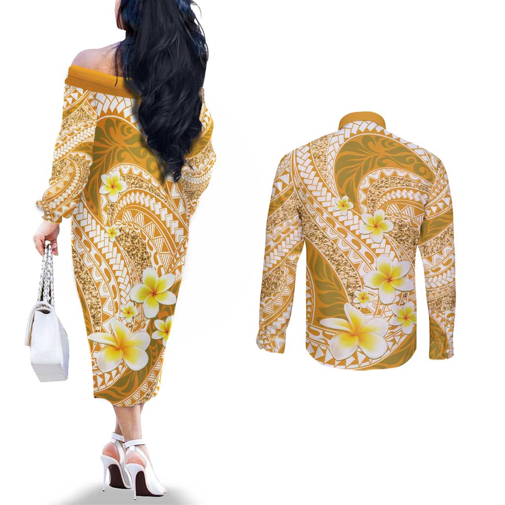Plumeria Polynesian Gold Glitter Pattern Couples Matching Off The Shoulder Long Sleeve Dress and Long Sleeve Button Shirt LT01 - Polynesian Pride