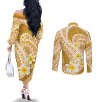Plumeria Polynesian Gold Glitter Pattern Couples Matching Off The Shoulder Long Sleeve Dress and Long Sleeve Button Shirt LT01 - Polynesian Pride