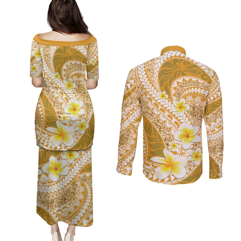 Plumeria Polynesian Gold Glitter Pattern Couples Matching Puletasi and Long Sleeve Button Shirt LT01 - Polynesian Pride