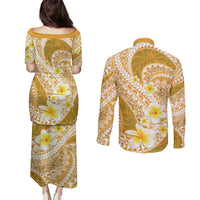 Plumeria Polynesian Gold Glitter Pattern Couples Matching Puletasi and Long Sleeve Button Shirt LT01 - Polynesian Pride