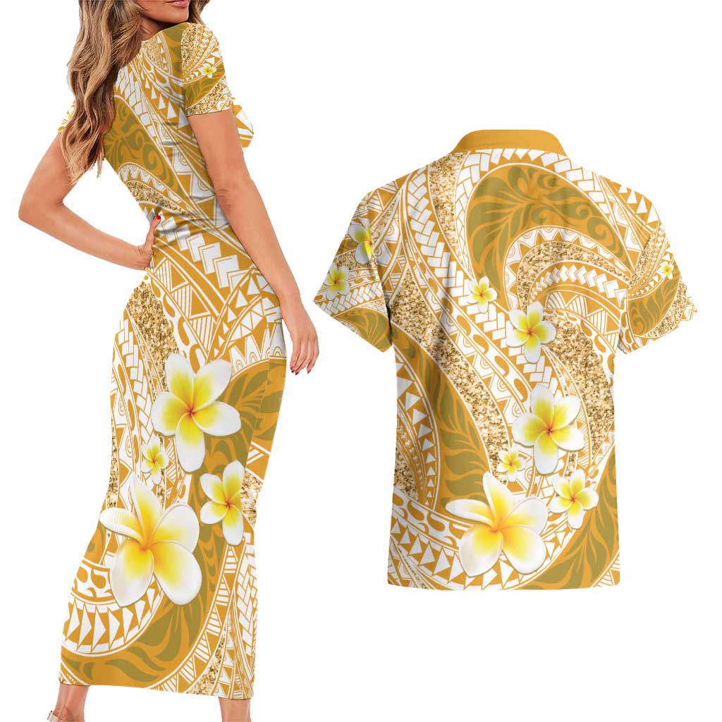 Plumeria Polynesian Gold Glitter Pattern Couples Matching Short Sleeve Bodycon Dress and Hawaiian Shirt LT01 - Polynesian Pride