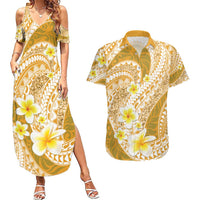 Plumeria Polynesian Gold Glitter Pattern Couples Matching Summer Maxi Dress and Hawaiian Shirt LT01 Gold - Polynesian Pride