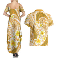 Plumeria Polynesian Gold Glitter Pattern Couples Matching Summer Maxi Dress and Hawaiian Shirt LT01 - Polynesian Pride