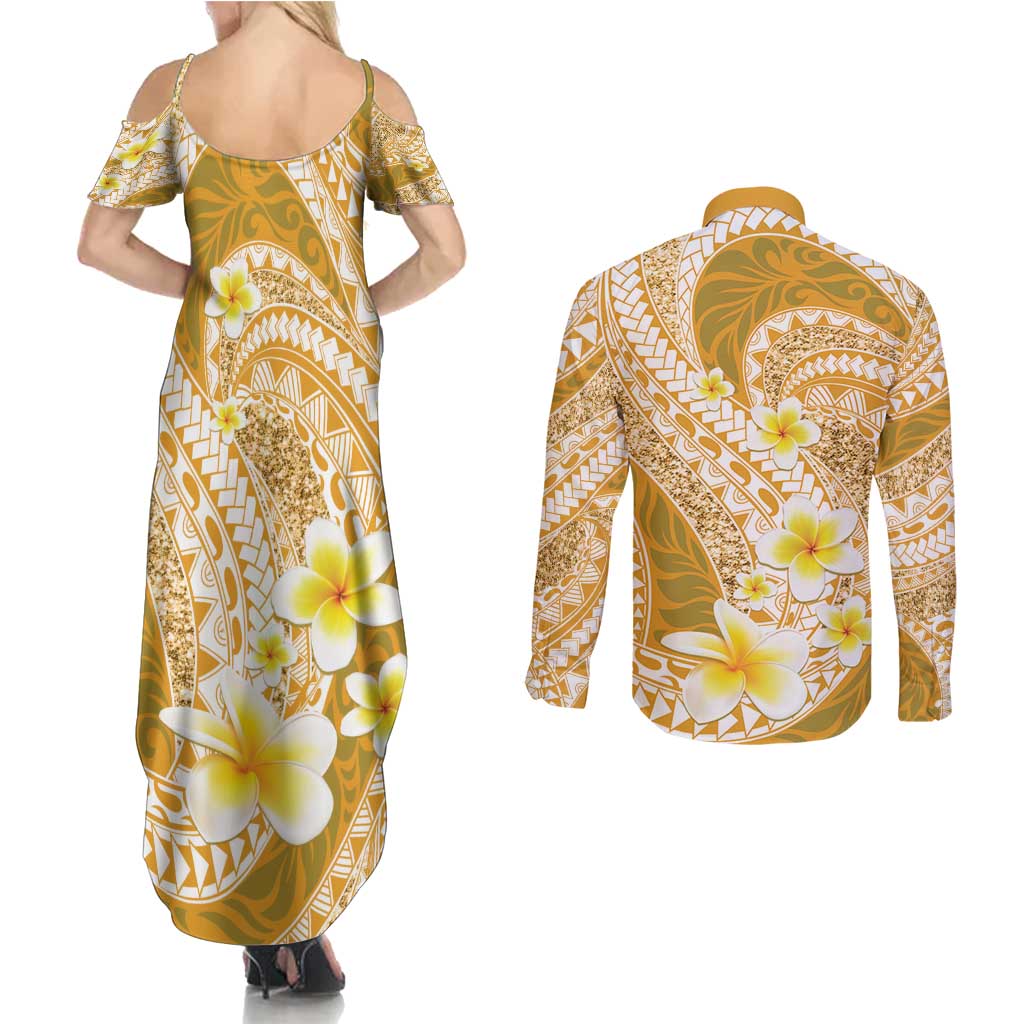 Plumeria Polynesian Gold Glitter Pattern Couples Matching Summer Maxi Dress and Long Sleeve Button Shirt LT01 - Polynesian Pride