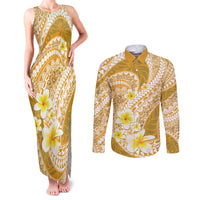 Plumeria Polynesian Gold Glitter Pattern Couples Matching Tank Maxi Dress and Long Sleeve Button Shirt LT01 Gold - Polynesian Pride