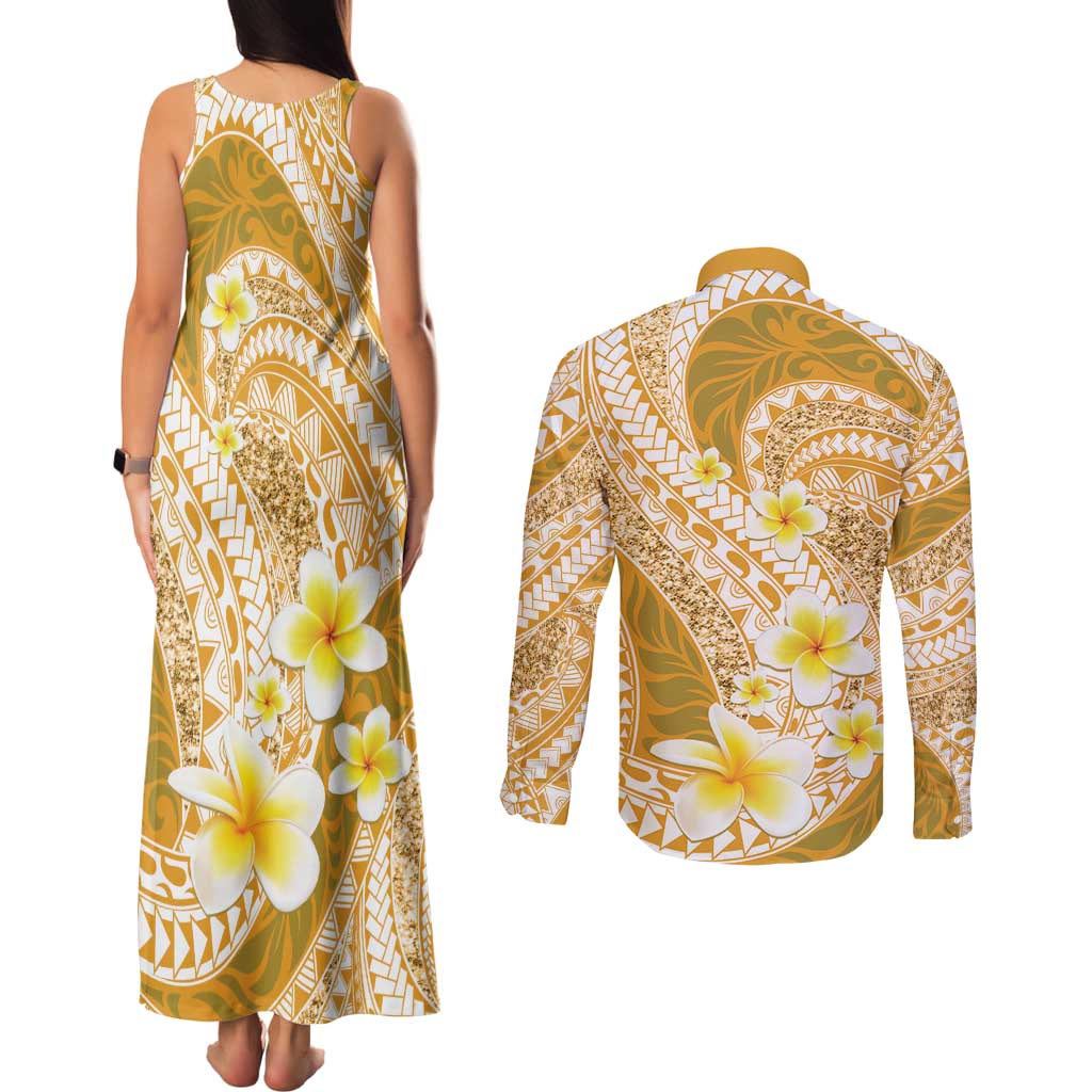Plumeria Polynesian Gold Glitter Pattern Couples Matching Tank Maxi Dress and Long Sleeve Button Shirt LT01 - Polynesian Pride