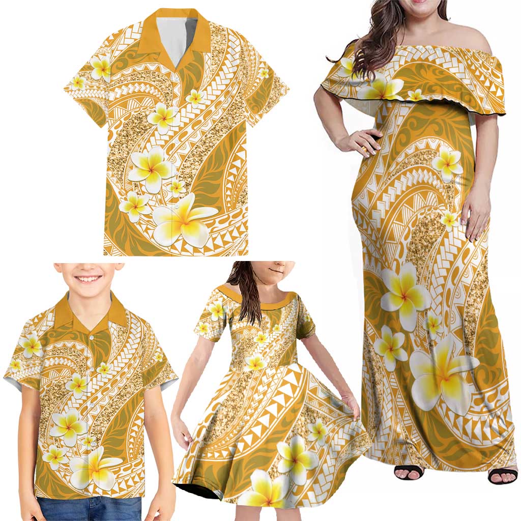 Plumeria Polynesian Gold Glitter Pattern Family Matching Off Shoulder Maxi Dress and Hawaiian Shirt