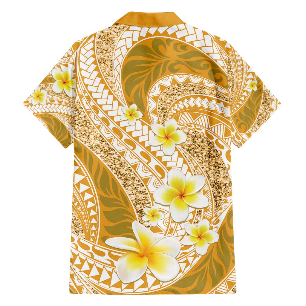 Plumeria Polynesian Gold Glitter Pattern Family Matching Off Shoulder Maxi Dress and Hawaiian Shirt