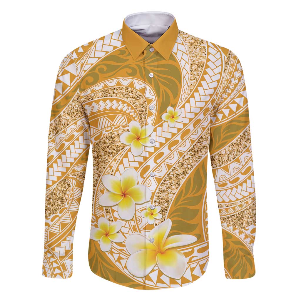 Plumeria Polynesian Gold Glitter Pattern Family Matching Off Shoulder Maxi Dress and Hawaiian Shirt