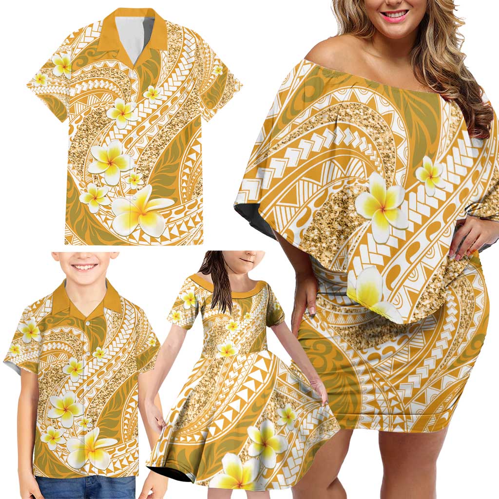 Plumeria Polynesian Gold Glitter Pattern Family Matching Off Shoulder Short Dress and Hawaiian Shirt