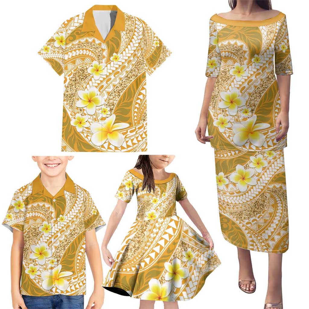 Plumeria Polynesian Gold Glitter Pattern Family Matching Puletasi and Hawaiian Shirt LT01 - Polynesian Pride