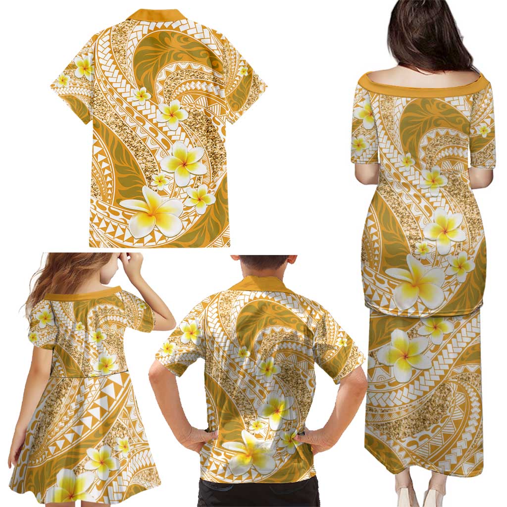 Plumeria Polynesian Gold Glitter Pattern Family Matching Puletasi and Hawaiian Shirt LT01 - Polynesian Pride