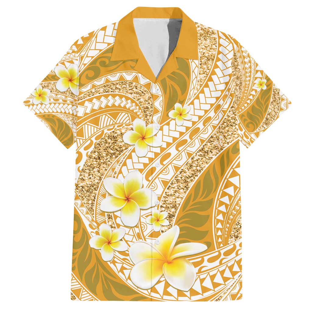 Plumeria Polynesian Gold Glitter Pattern Family Matching Puletasi and Hawaiian Shirt LT01 Dad's Shirt - Short Sleeve Gold - Polynesian Pride