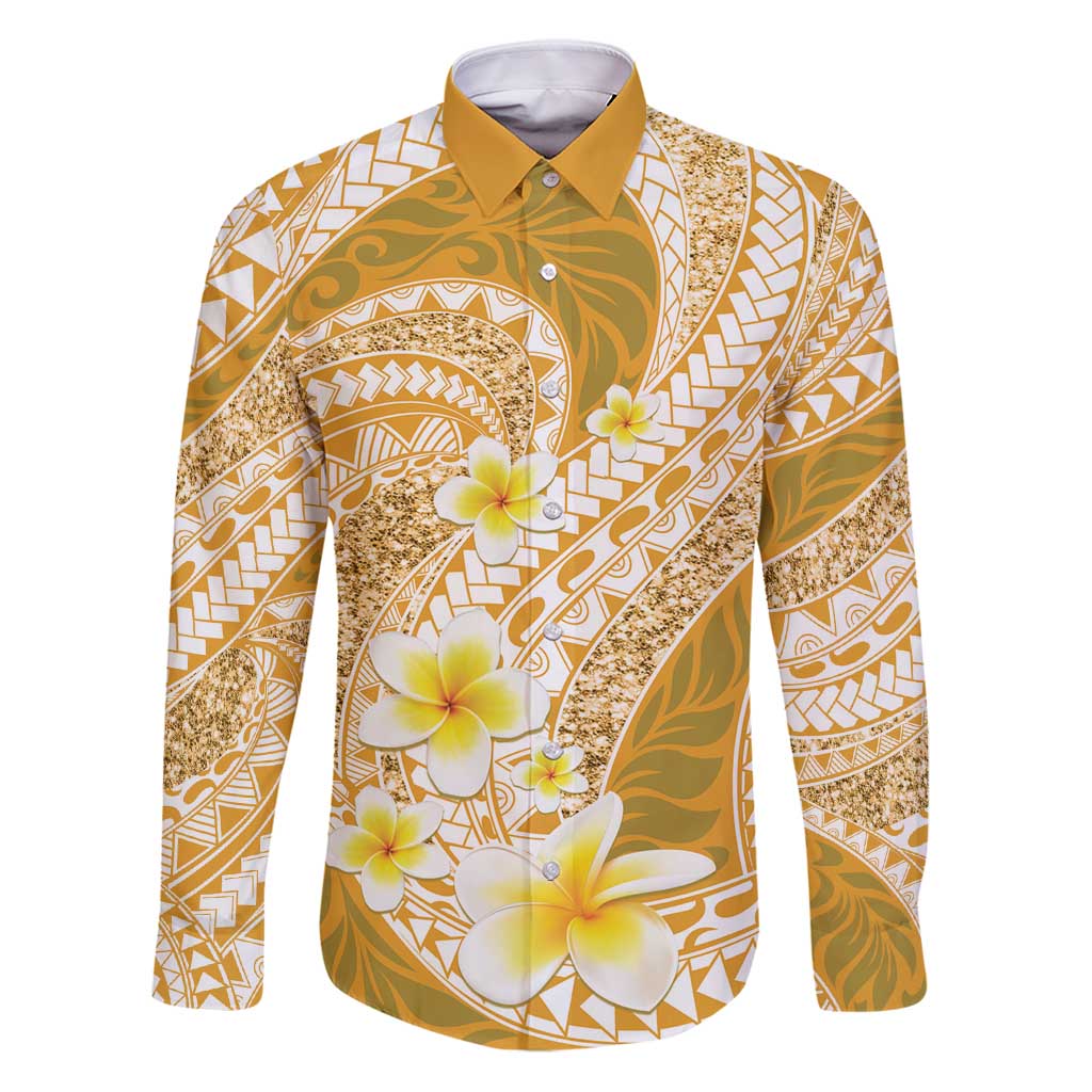 Plumeria Polynesian Gold Glitter Pattern Family Matching Puletasi and Hawaiian Shirt LT01 Dad's Shirt - Long Sleeve Gold - Polynesian Pride
