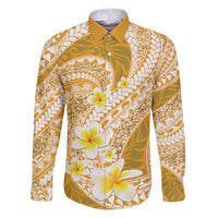 Plumeria Polynesian Gold Glitter Pattern Family Matching Puletasi and Hawaiian Shirt LT01 Dad's Shirt - Long Sleeve Gold - Polynesian Pride