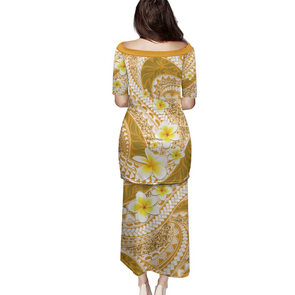 Plumeria Polynesian Gold Glitter Pattern Family Matching Puletasi and Hawaiian Shirt LT01 - Polynesian Pride
