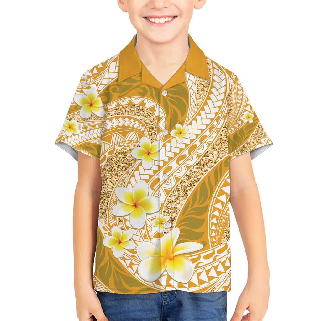 Plumeria Polynesian Gold Glitter Pattern Family Matching Puletasi and Hawaiian Shirt LT01 Son's Shirt Gold - Polynesian Pride