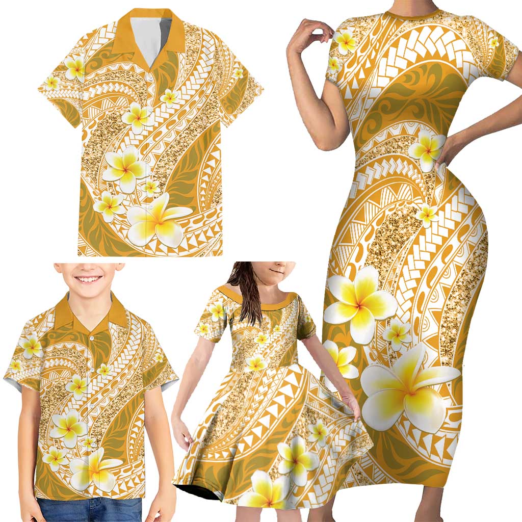 Plumeria Polynesian Gold Glitter Pattern Family Matching Short Sleeve Bodycon Dress and Hawaiian Shirt