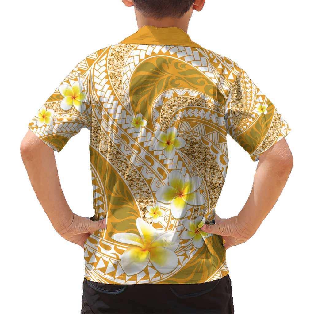 Plumeria Polynesian Gold Glitter Pattern Family Matching Summer Maxi Dress and Hawaiian Shirt