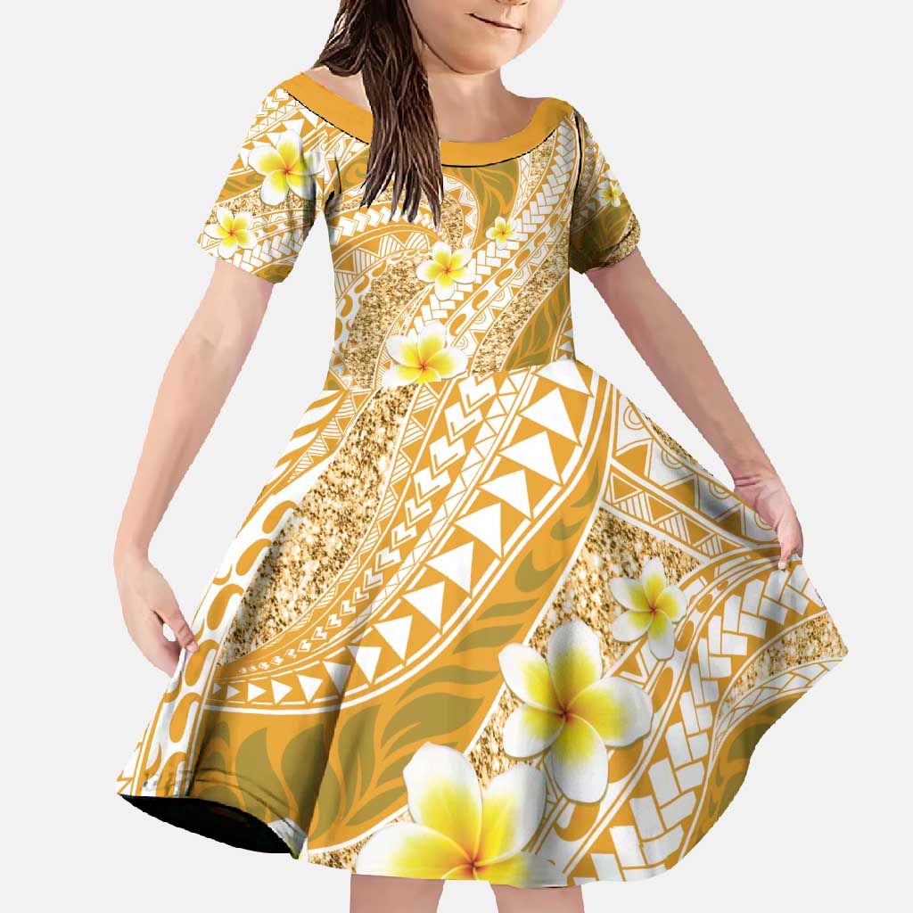 Plumeria Polynesian Gold Glitter Pattern Family Matching Summer Maxi Dress and Hawaiian Shirt