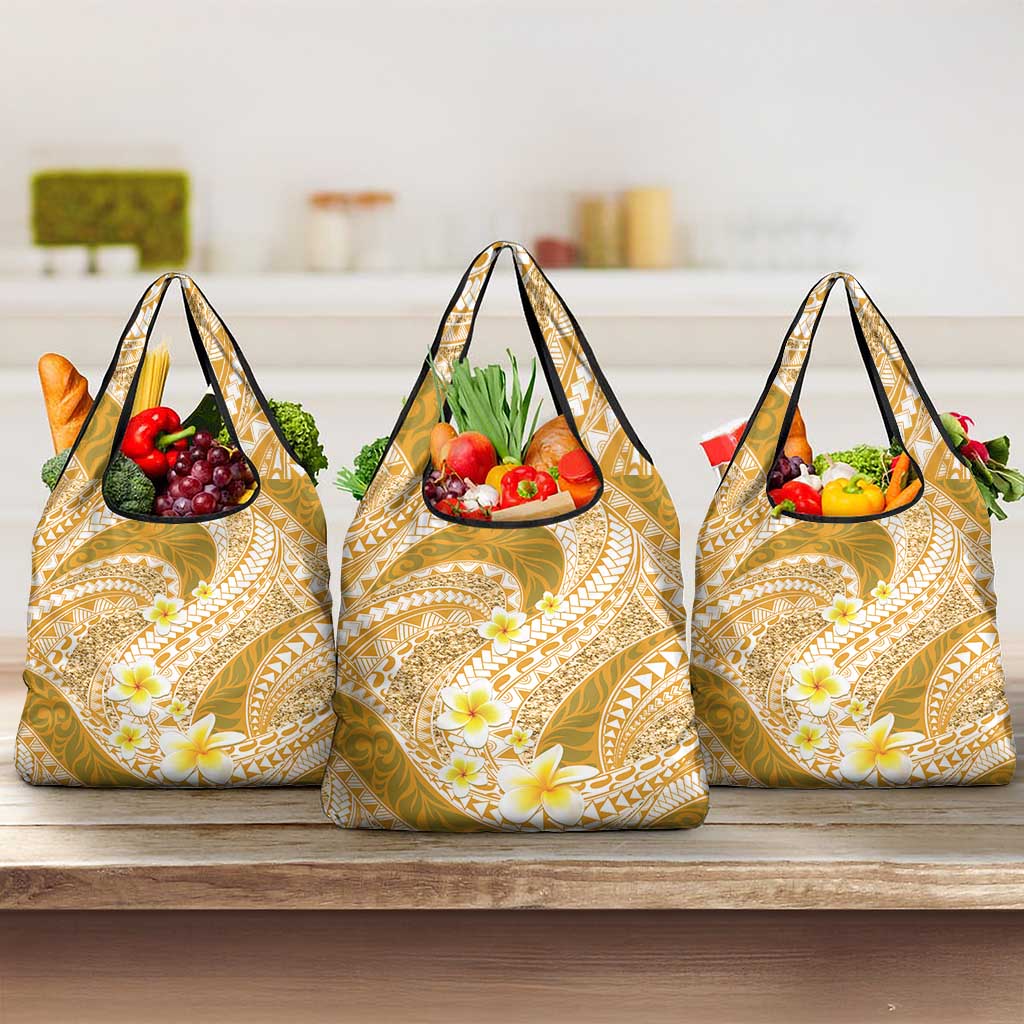 Plumeria Polynesian Gold Glitter Pattern Grocery Bag LT01 3-pack One Size Gold - Polynesian Pride
