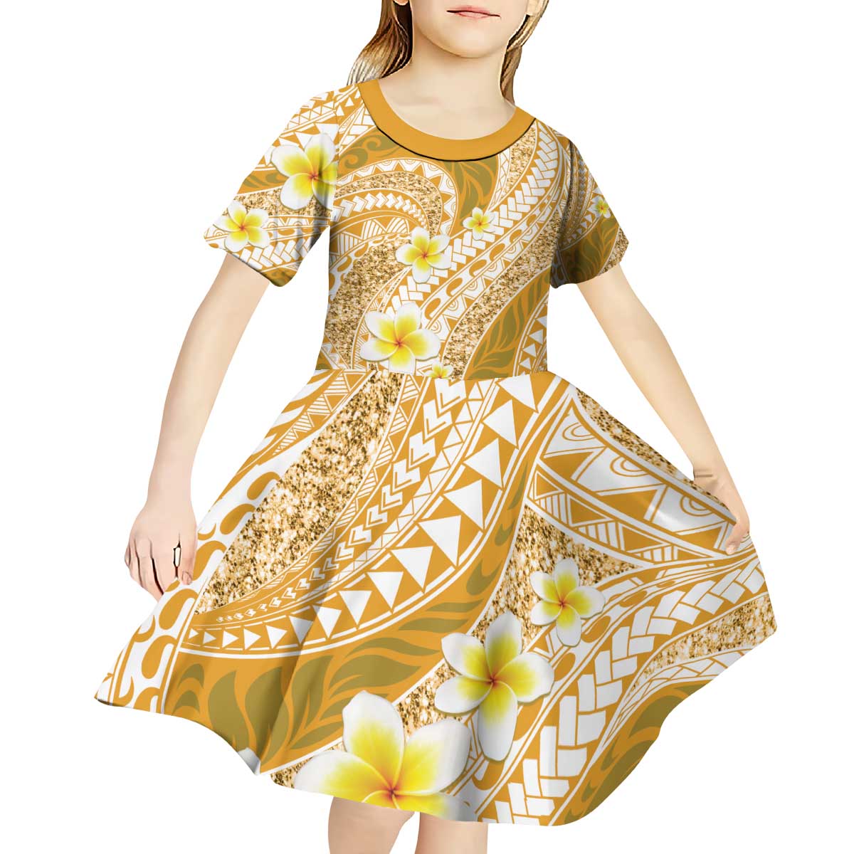 Plumeria Polynesian Gold Glitter Pattern Kid Short Sleeve Dress