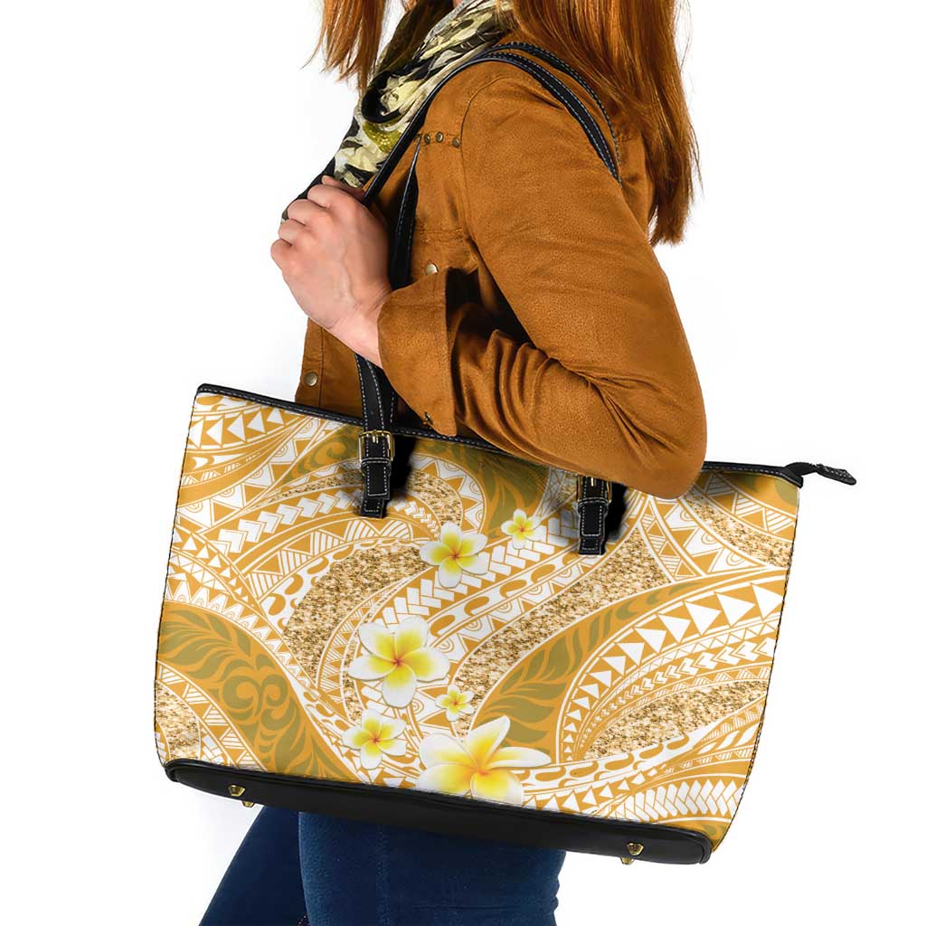 Plumeria Polynesian Gold Glitter Pattern Leather Tote Bag