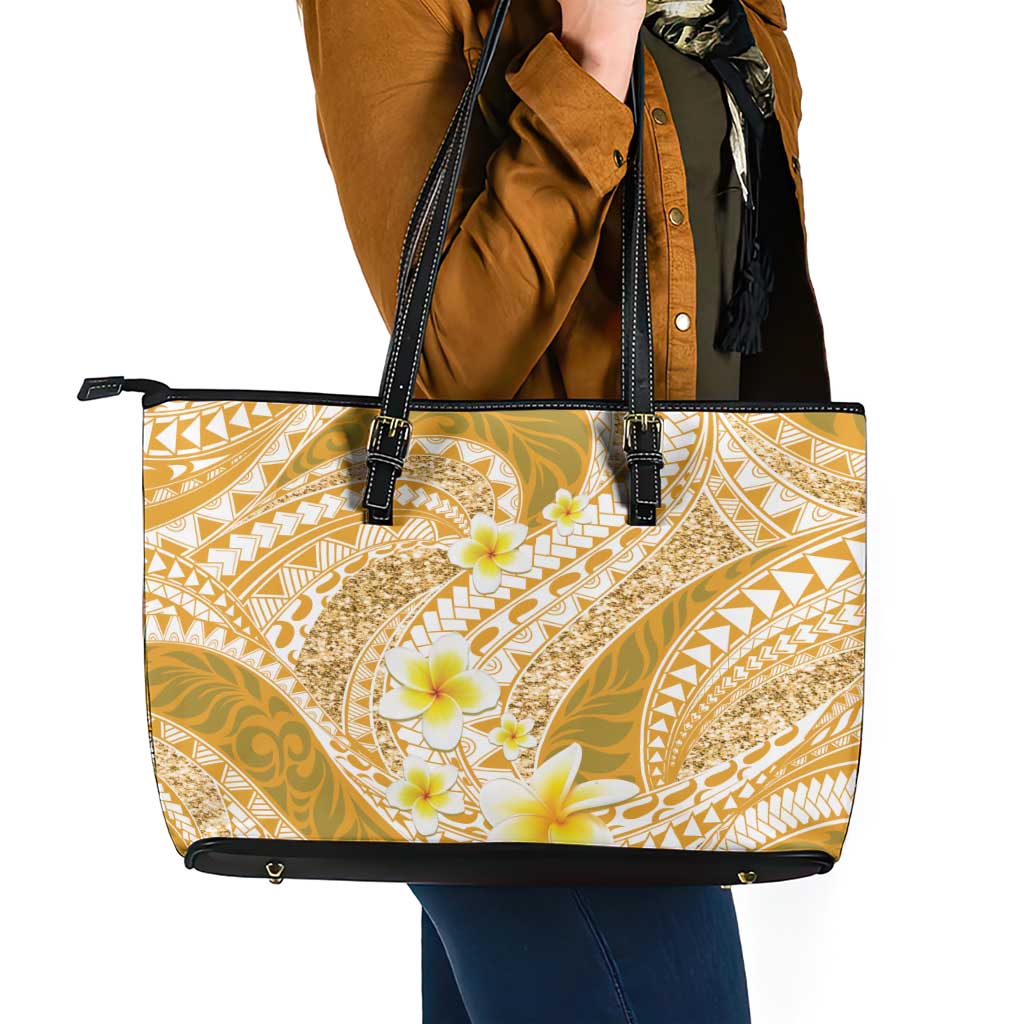 Plumeria Polynesian Gold Glitter Pattern Leather Tote Bag