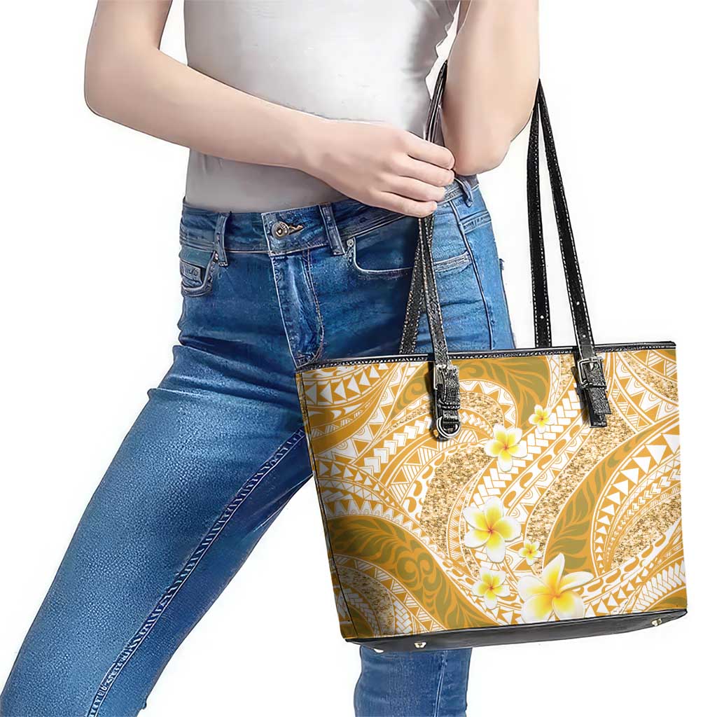 Plumeria Polynesian Gold Glitter Pattern Leather Tote Bag