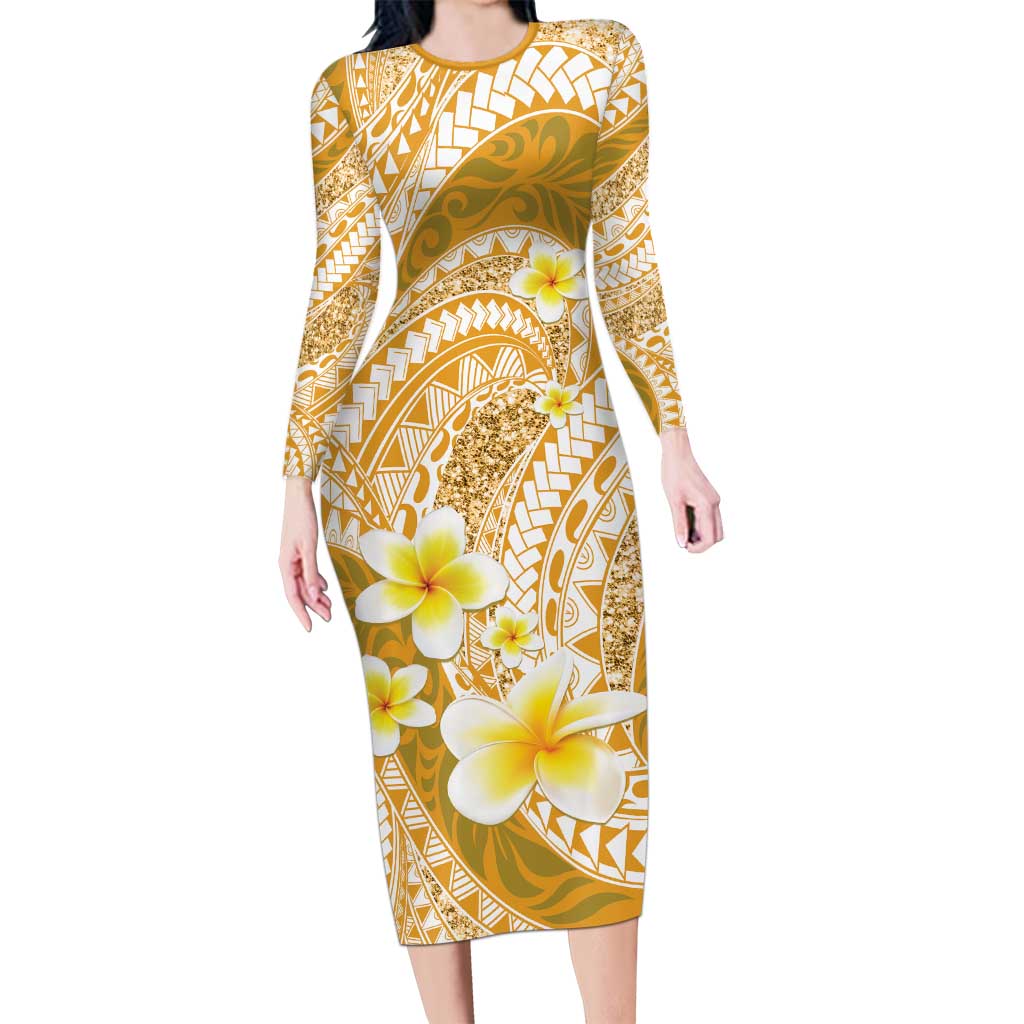 Plumeria Polynesian Gold Glitter Pattern Long Sleeve Bodycon Dress