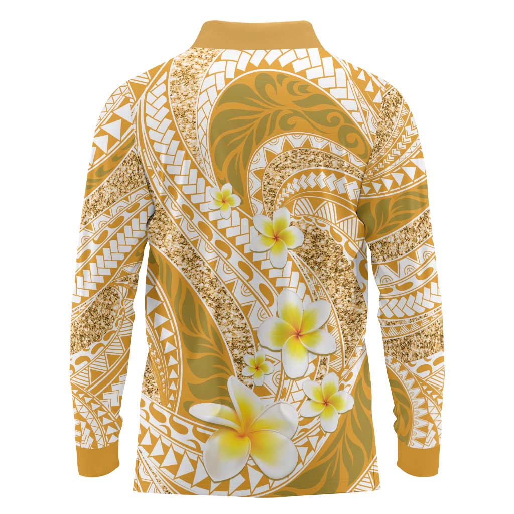 Plumeria Polynesian Gold Glitter Pattern Long Sleeve Polo Shirt