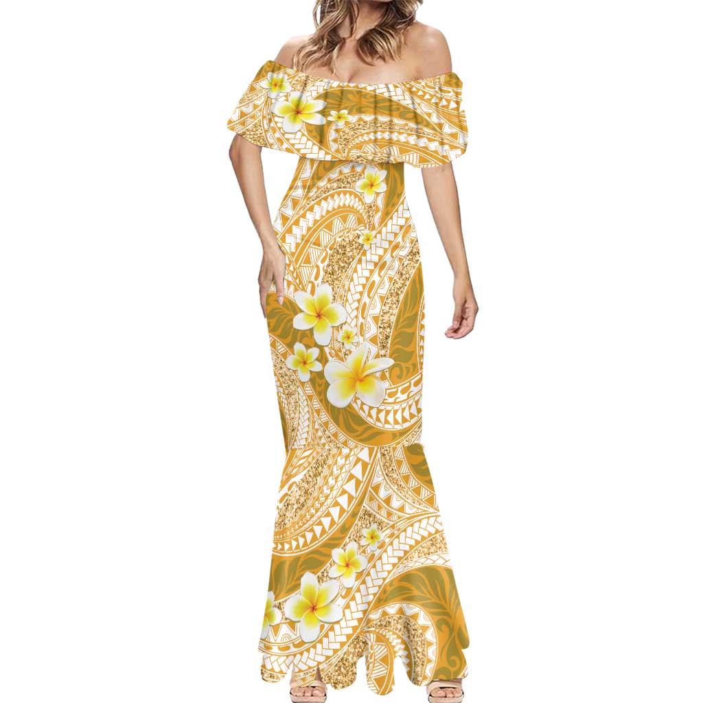 Plumeria Polynesian Gold Glitter Pattern Mermaid Dress
