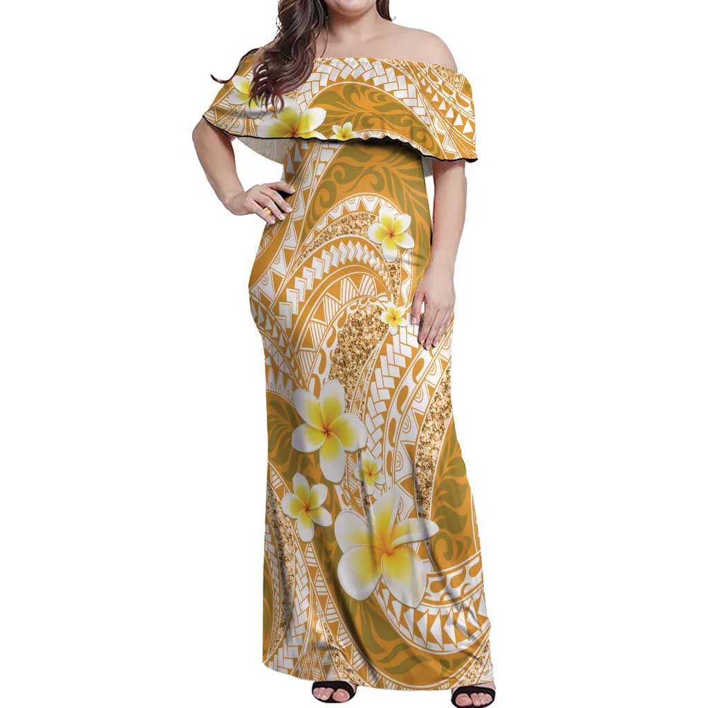 Plumeria Polynesian Gold Glitter Pattern Off Shoulder Maxi Dress LT01 Women Gold - Polynesian Pride