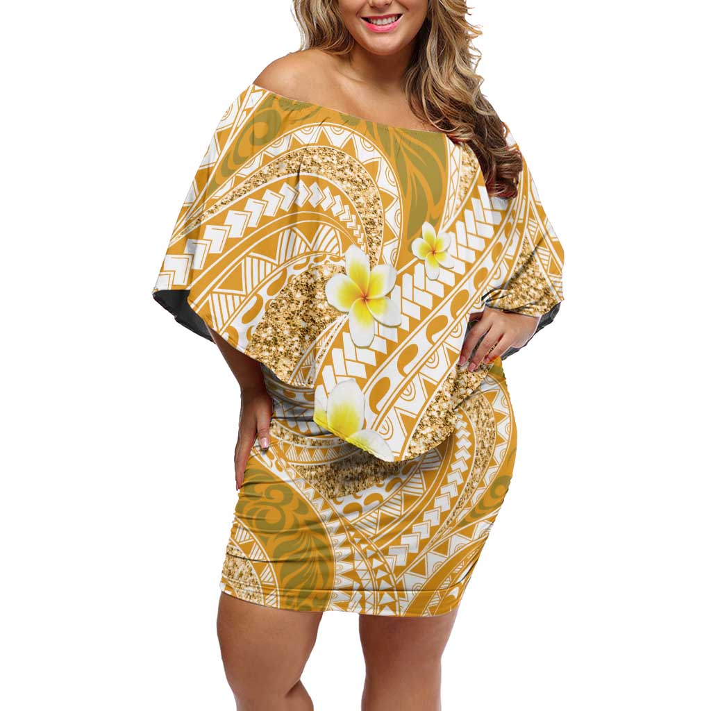 Plumeria Polynesian Gold Glitter Pattern Off Shoulder Short Dress LT01 Women Gold - Polynesian Pride