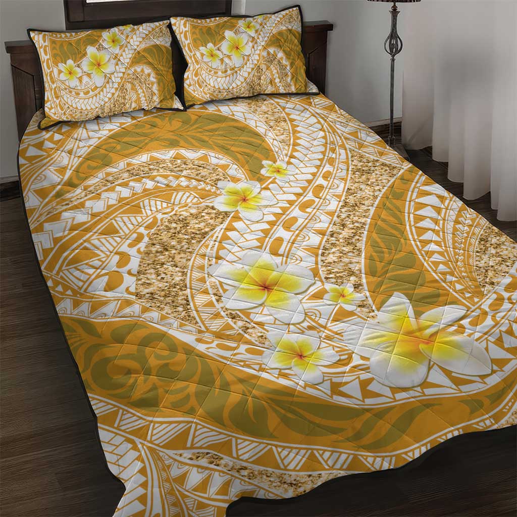 Plumeria Polynesian Gold Glitter Pattern Quilt Bed Set LT01 Gold - Polynesian Pride