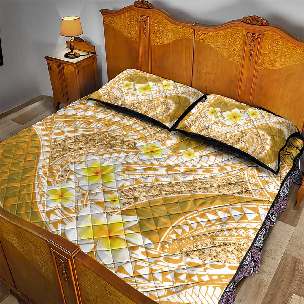 Plumeria Polynesian Gold Glitter Pattern Quilt Bed Set LT01 - Polynesian Pride