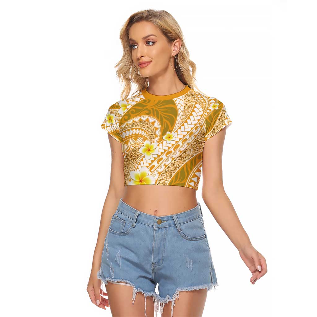 Plumeria Polynesian Gold Glitter Pattern Raglan Cropped T Shirt LT01 Female Gold - Polynesian Pride