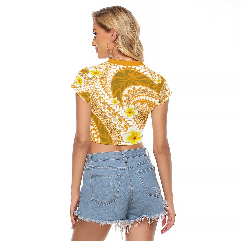 Plumeria Polynesian Gold Glitter Pattern Raglan Cropped T Shirt LT01 - Polynesian Pride