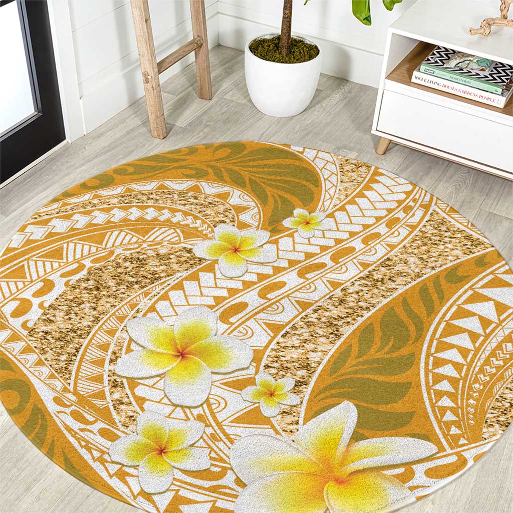 Plumeria Polynesian Gold Glitter Pattern Round Carpet