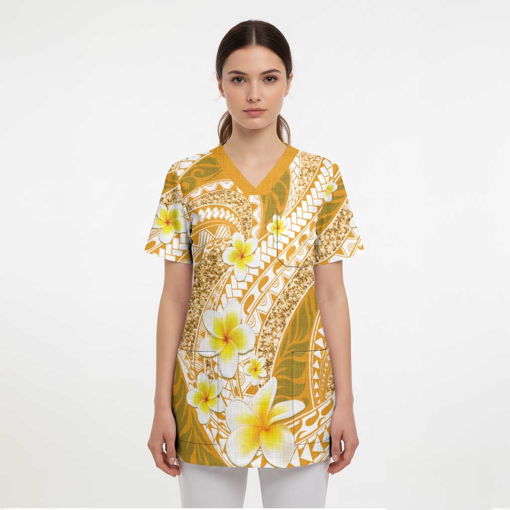 Plumeria Polynesian Gold Glitter Pattern Scrub Top LT01 - Polynesian Pride