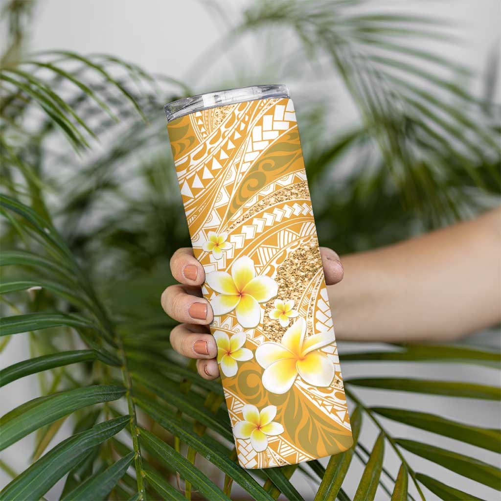 Plumeria Polynesian Gold Glitter Pattern Skinny Tumbler