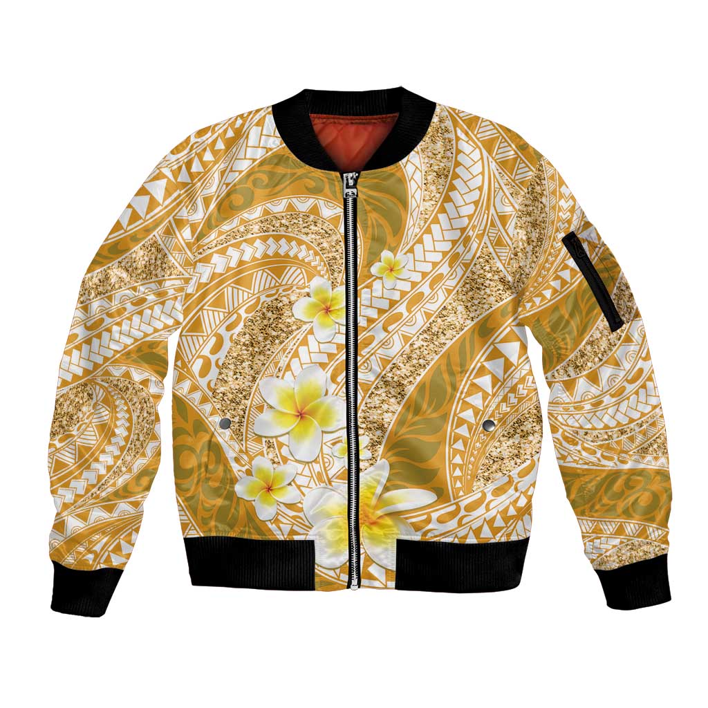 Plumeria Polynesian Gold Glitter Pattern Sleeve Zip Bomber Jacket