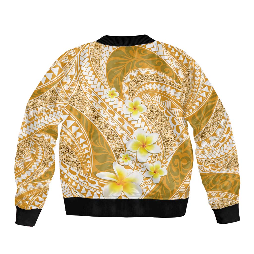 Plumeria Polynesian Gold Glitter Pattern Sleeve Zip Bomber Jacket