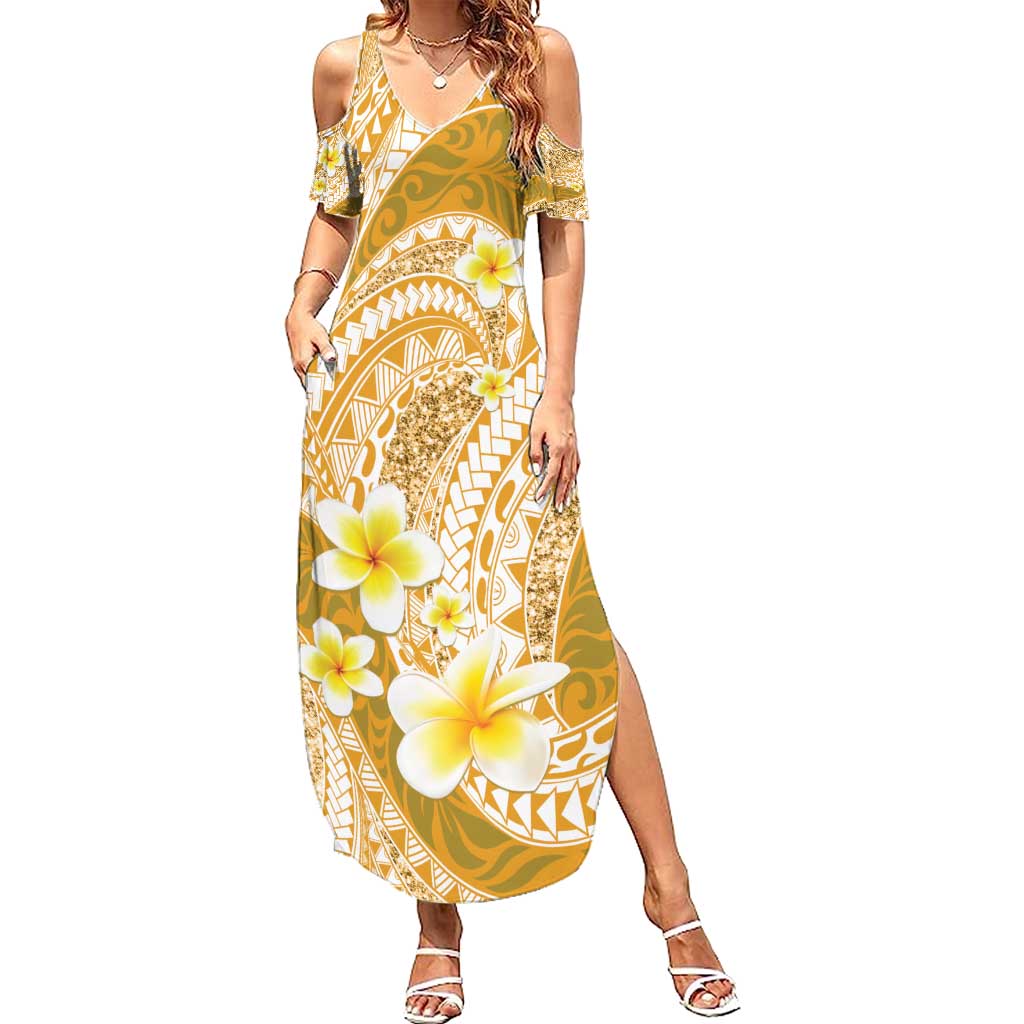 Plumeria Polynesian Gold Glitter Pattern Summer Maxi Dress LT01 Women Gold - Polynesian Pride